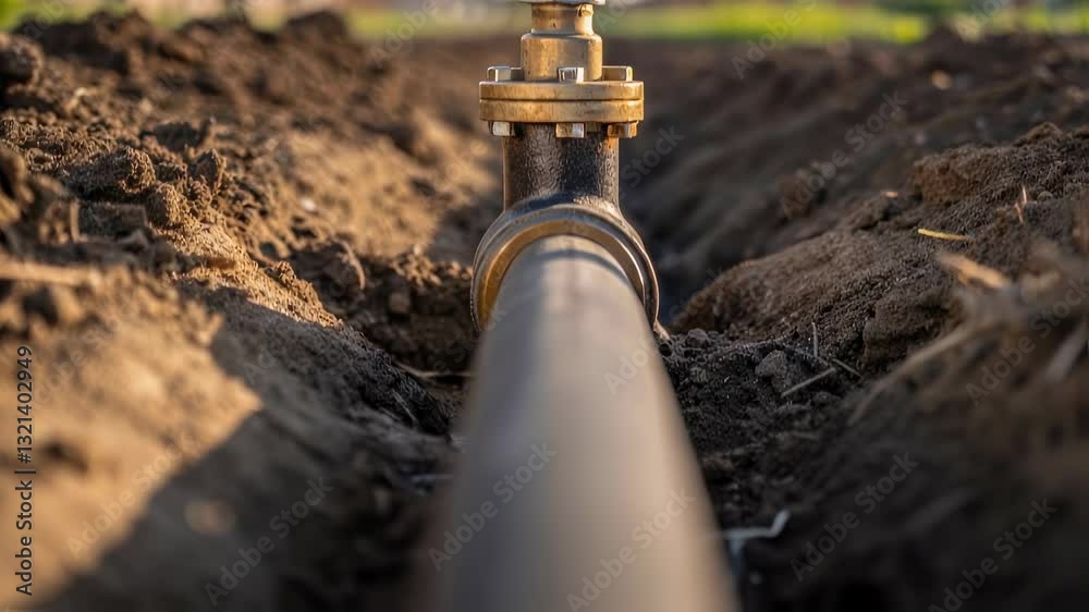 Poster professional worker installing black water or gas pipeline, carefully closing blue utility valve wit