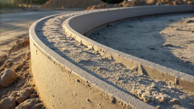 Smooth concrete curb forming gentle rounded edge, delineating construction site boundary between roadway and emerging sidewalk pathway during urban infrastructure development