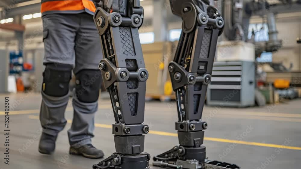 Poster Engineer wearing high tech exoskeleton walking confidently inside industrial facility, highlighting advanced robotics mobility and potential technological innovation in workplace assistance