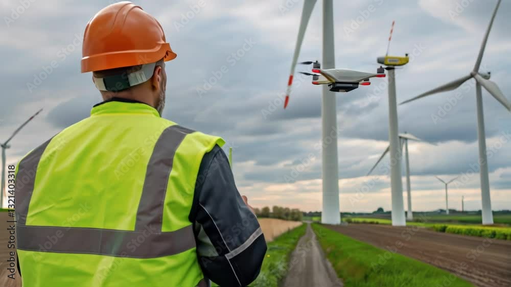 Aufkleber engineer wearing a safety helmet and vest controls a drone inspecting wind turbines in a field, ensu
