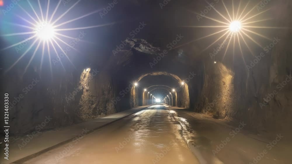 Poster Road tunnel revealing dynamic lighting variations, creating atmospheric moods through changing brightness levels and illuminating concrete infrastructure with dramatic shadowing effects