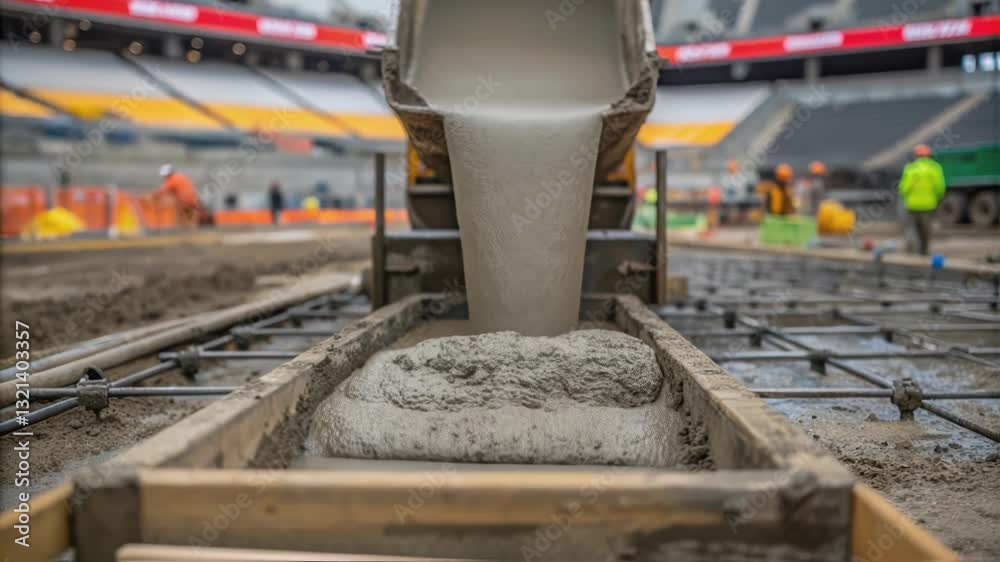 Poster Fresh concrete is being poured from a chute into a wooden formwork, creating the foundation for a new structure within a stadium, while construction workers oversee the process