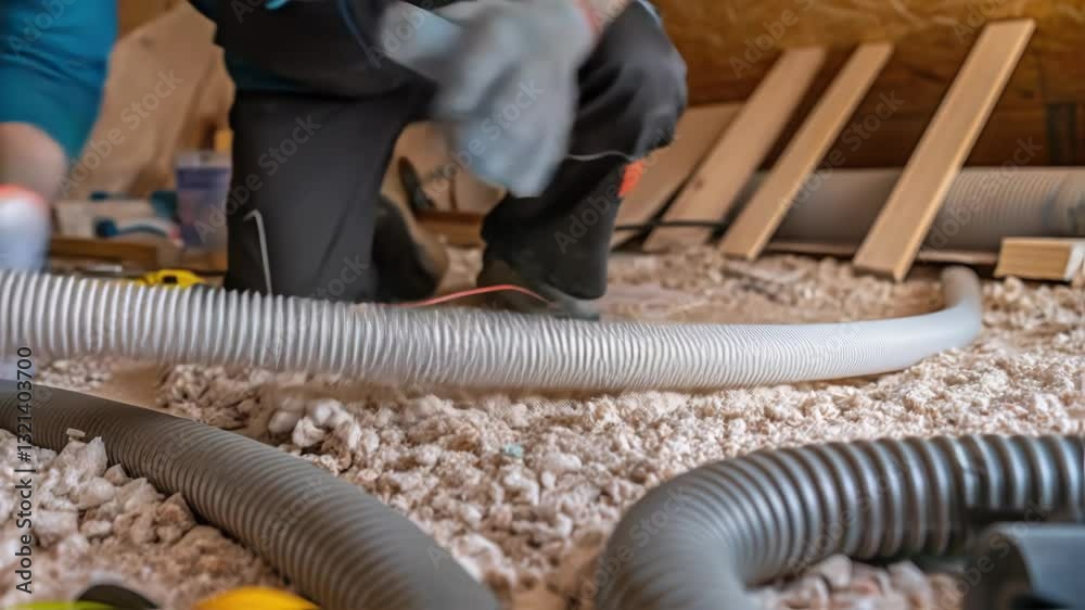 Poster Professional worker installing a flexible ducting pipe for a ventilation or air conditioning system in an attic, on top of loose fill cellulose insulation