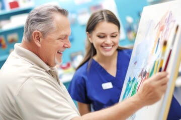 Fototapeta premium Elderly man and young woman in blue room engaged in painting session with art supplies and easel