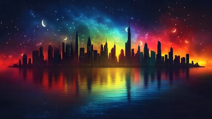 Colorful Night Cityscape Reflecting in Water
