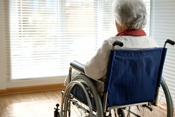 Elderly woman in blue wheelchair gazes out window, white room, sunny, peaceful