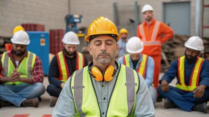 Construction workers practice mindfulness in a warehouse, meditating together for improved focus and well being in their demanding profession
