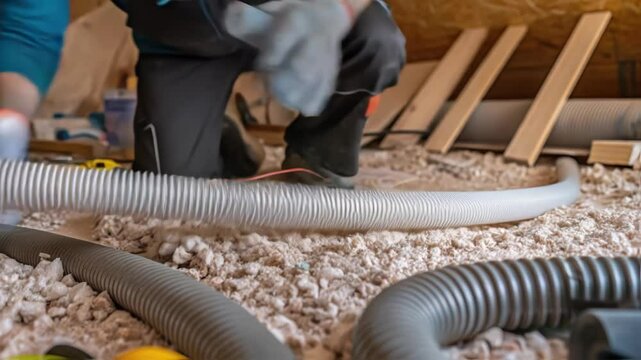 Professional worker installing a flexible ducting pipe for a ventilation or air conditioning system in an attic, on top of loose fill cellulose insulation