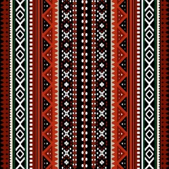 American ethnic tribal fabric pattern featuring a geo-matrix design in red, white, and green tones. This  ethnic modern interpretation of traditional art adds a unique  ethnic charm and playful energy