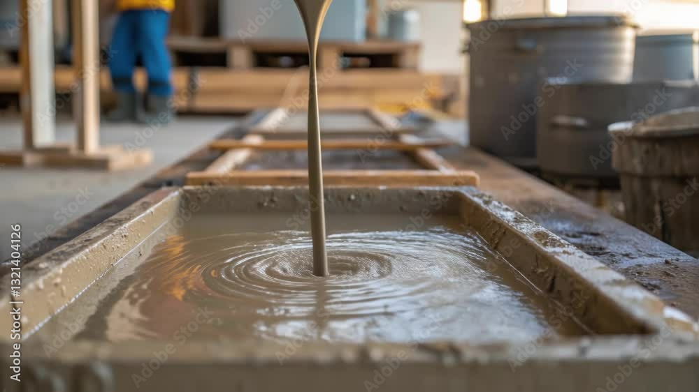Aufkleber Concrete mixture flowing from pipe into rectangular formwork, generating dynamic swirling patterns across wet surface during industrial manufacturing process