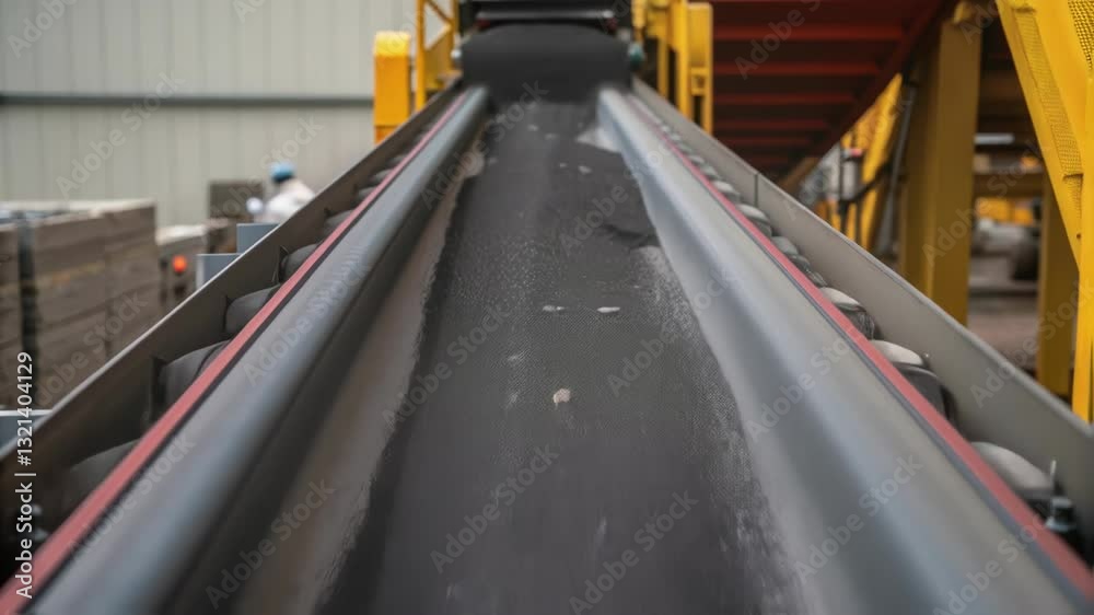 Poster steady movement of gravel gradually diminishing along industrial conveyor belt within manufacturing 