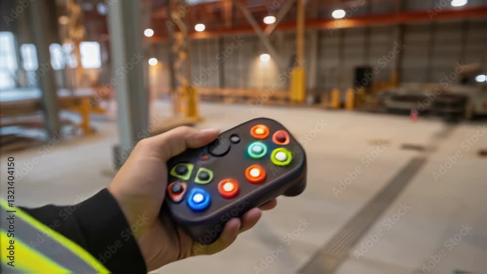 Poster warehouse professional controlling industrial machinery with multicolored remote control, managing c