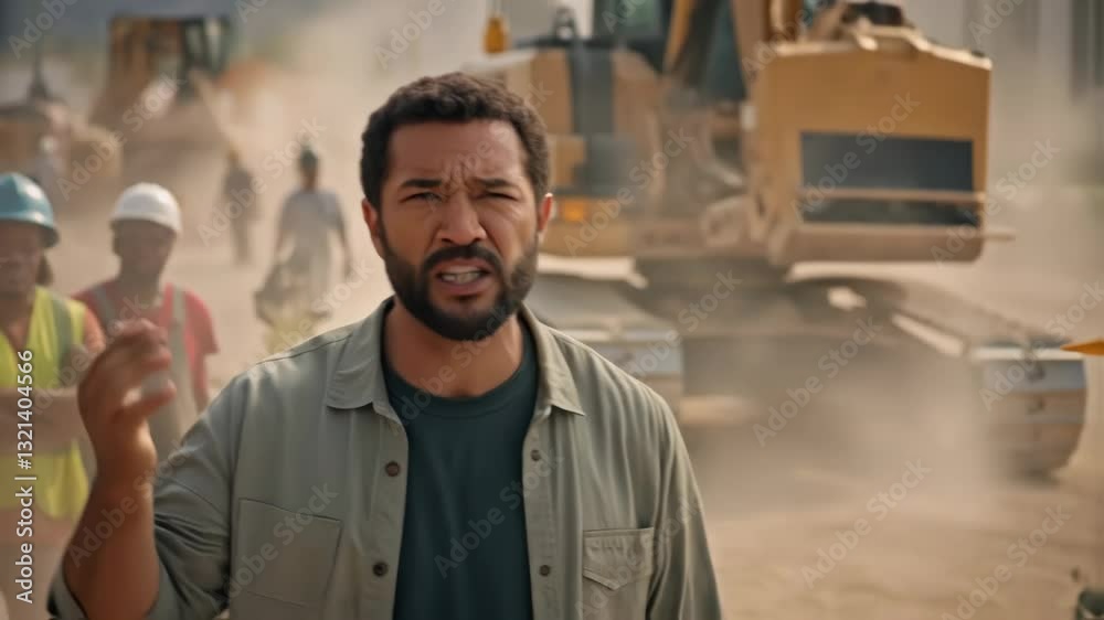 Poster construction site foreman aggressively gesturing, revealing workplace tensions amid dusty environmen