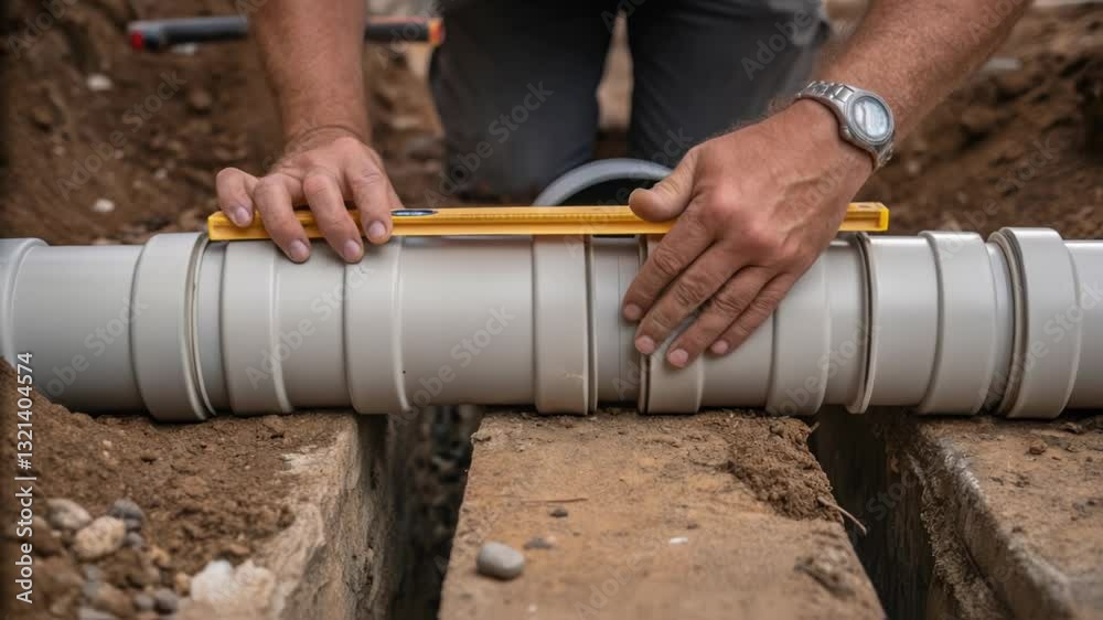 Poster Construction worker checking horizontal alignment of newly installed pvc pipe using spirit level, ensuring precise placement within ground trench during infrastructure maintenance project