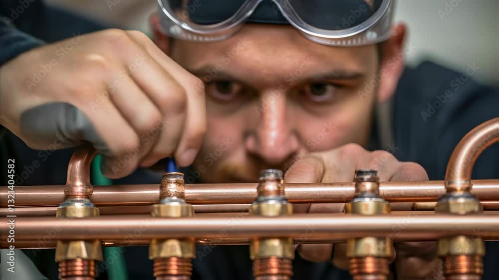 Poster professional plumber working carefully while assembling intricate copper piping network, wearing pro