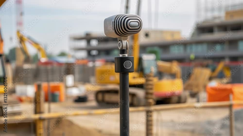 Poster silver vintage microphone on a stand is placed in front of a blurred background of a construction si