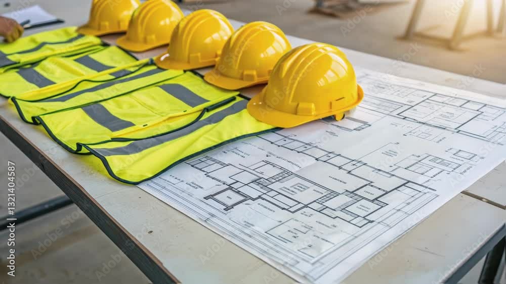 Poster several yellow safety helmets and high visibility vests are arranged on architectural blueprints, su