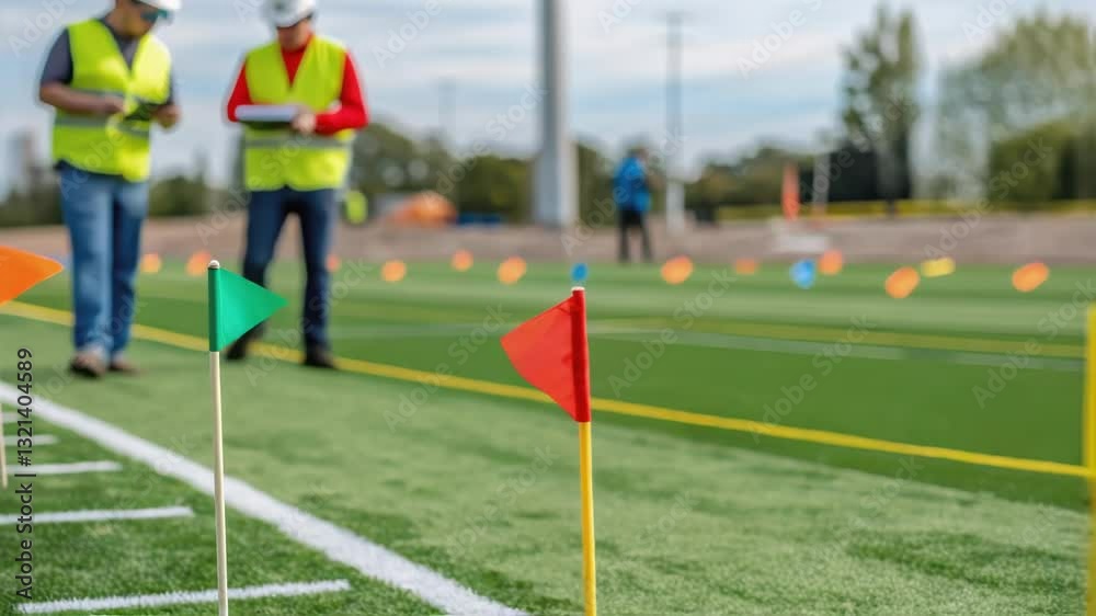 Poster Construction workers in safety vests and hard hats are inspecting the colorful flags marking lines on a newly installed artificial turf sports field