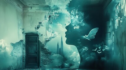 Fototapeta premium Dreamlike Woman Profile in a Surreal, Ruined Building