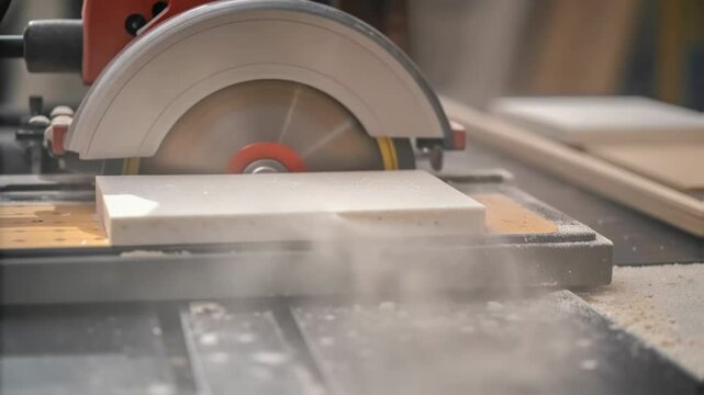 White dust billowing, professional circular saw cutting cleanly through white ceramic tile on precision table saw in industrial workshop setting