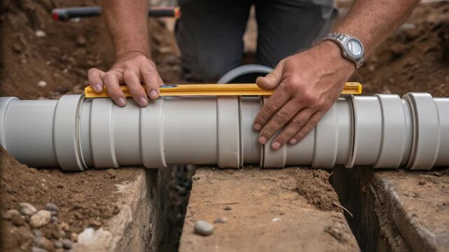 Construction worker checking horizontal alignment of newly installed pvc pipe using spirit level, ensuring precise placement within ground trench during infrastructure maintenance project
