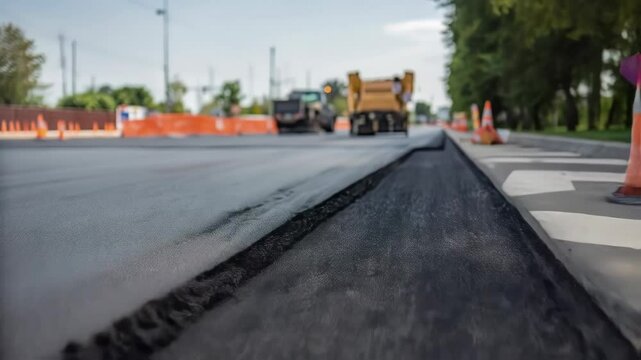 Powerful road rollers and heavy paving machinery compacting hot asphalt mix, creating seamless surface for new transportation infrastructure with precise engineering precision