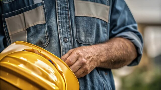 Close up of a construction worker wearing a denim shirt, holding a yellow hard hat, emphasizing safety and preparedness on a construction site