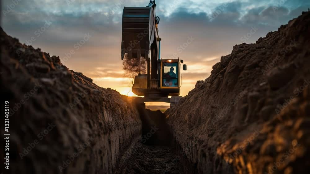Poster powerful excavator digging a deep trench in the ground during a beautiful sunset, creating a visuall