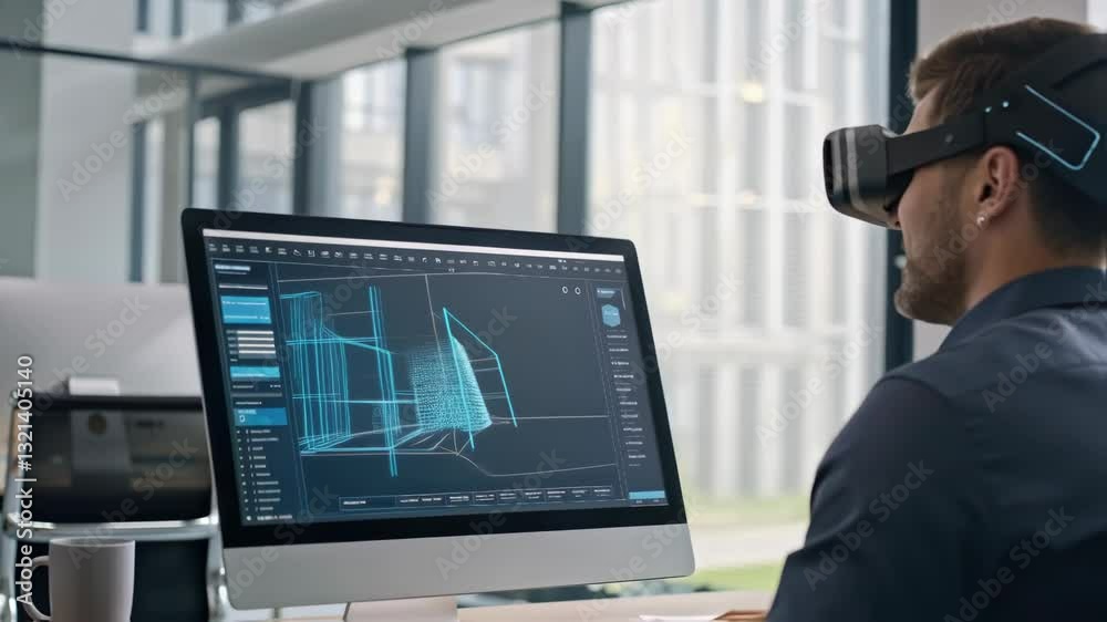 Aufkleber Professional architect exploring immersive 3d building model through virtual reality headset, analyzing architectural design using advanced software in contemporary workplace setting
