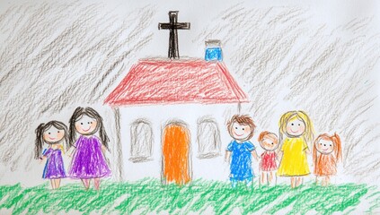 Child's crayon drawing of family at church.