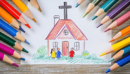 Child's drawing of church with family, surrounded by colored pencils.