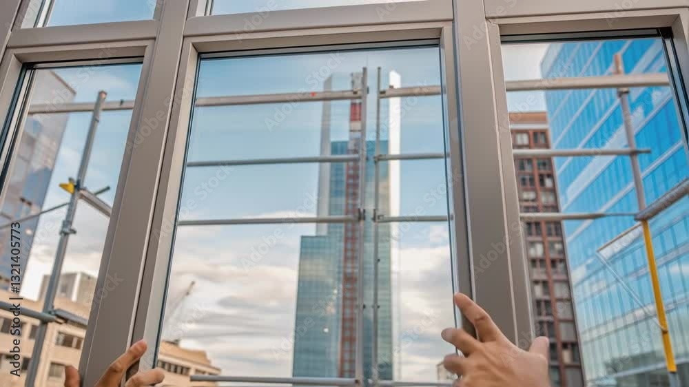Aufkleber skilled construction professional installing large window frame at high elevation, revealing expansi