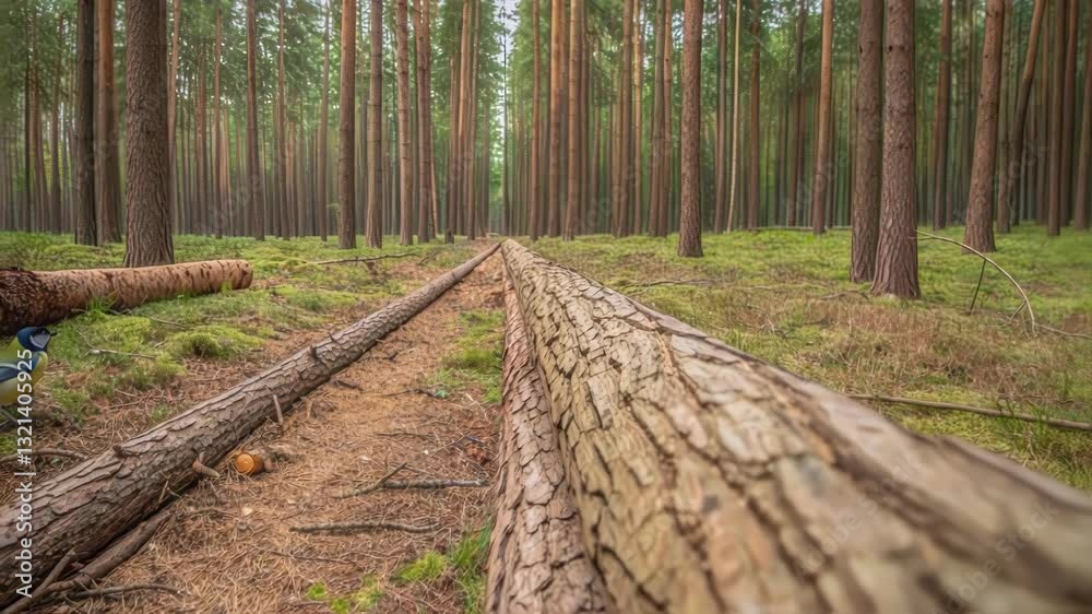 Poster Pine forest with large cut tree trunk lying on the ground, showing different perspectives and details of the wood and surrounding environment