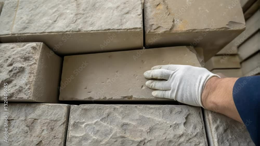 Poster skilled construction worker wearing protective gloves carefully positioning brick during precise mas