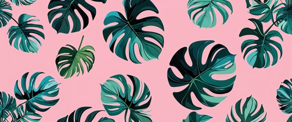 monstera leaf pattern on pink plain background digital abstract art work illustration design