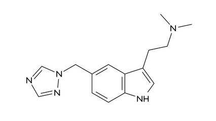 rizatriptan molecule, structural chemical formula, ball-and-stick model, isolated image antimigraine agent