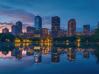 City skyline reflected in calm water at twilight.