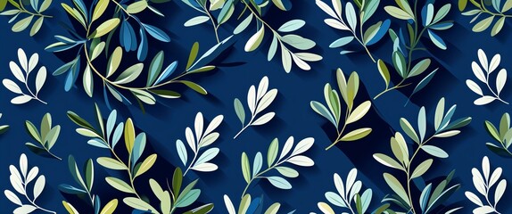 olive leaf pattern on blue plain background digital abstract art work illustration design