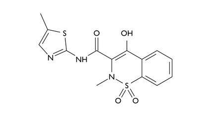 meloxicam molecule, structural chemical formula, ball-and-stick model, isolated image anti-inflammatory