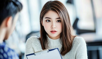 Focused woman in white sweater conversing with doctor in medical office, holding clipboard, with serious expression and blurred background