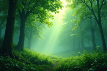Fototapeta premium Enchanted Forest Path A Mystical Green Canopy of Trees with a Sunlit Trail Through Lush Undergrowth