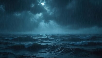 Fototapeta premium Dramatic night ocean during heavy rain. Stormy weather with cloudy sky. Seascape view of waves in dark blue tones. Thunderstorm, rainstorm over sea. Natural disaster, meteorology concept. Scenic