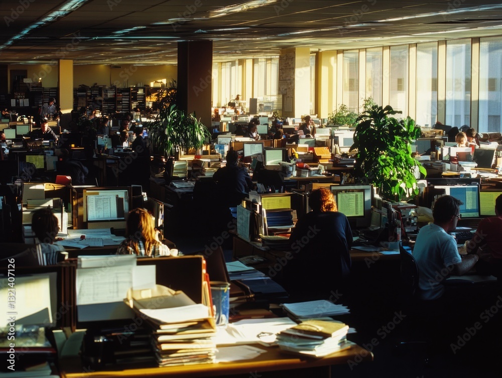 Poster a bustling office scene with many employees typing away on their computers
