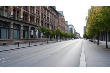 Naklejka premium Gloomy city street with tall buildings, old-fashioned architecture, empty of cars and people, under overcast sky