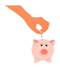 Hand putting money coin to piggy bank. Finance and banking concept. Flat hand drawn vector illustration isolated on transparent background.