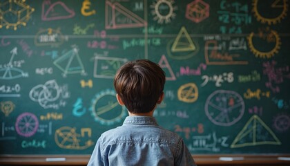 Boy stands in front of chalkboard covered with math equations. Back view child in classroom. Arithmetic depicted by student solves math problems with colorful diagrams. Education concept. Difficulty