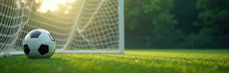 Illustration of classic soccer ball on grass near goal with net. Football sport game, recreation hobby theme. Green lawn, sunlight background for banner, poster design with copy space.