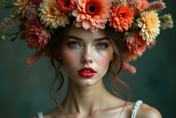 Woman with a flowery headdress and red lips is the main focus of the image. The headdress is made up of various flowers, giving the woman a unique and eye-catching look 