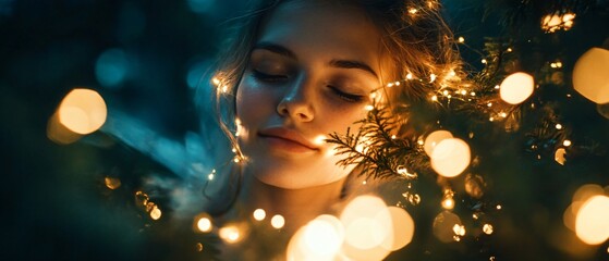 Captivating Woman Standing Among Fairy Lights - Enchanting Night Photography