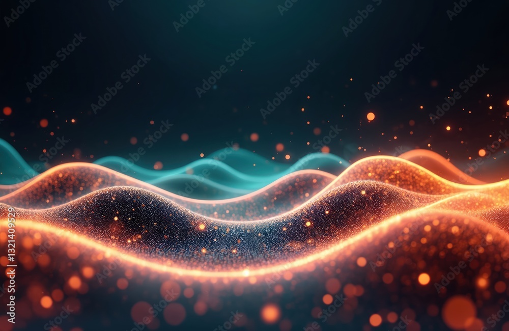 Poster abstract digital background featuring flowing orange, blue waves, data points. modern ai generated i